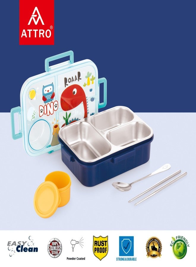 ATTRO Bestie Kids Lunch Box Dinosaur Printed with Inner Stainless Steel 3 Compartment 1 Small Container Air-Tight Leakproof BPA Free 750ml+80ml- Dark Blue - Image 5